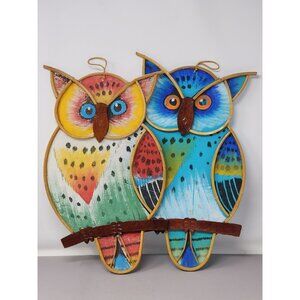 Vintage 2 Colorful Hand-Painted Wooden Hanging Owl Wall Art Fabric Decor‎